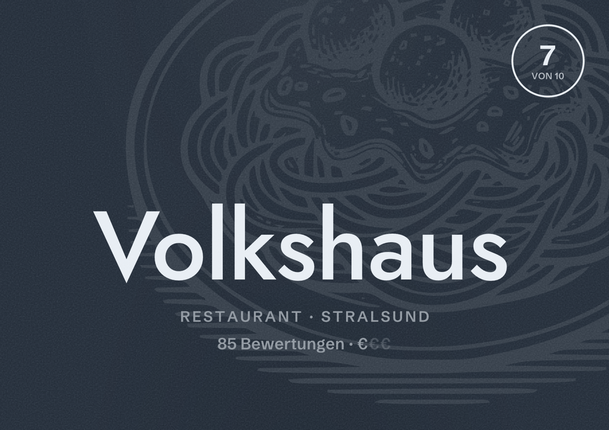 Illustriertes Poster von Volkshaus, Restaurant in Stralsund: Bewertung 7 von 10 aus 85 Bewertungen, Preisniveau €