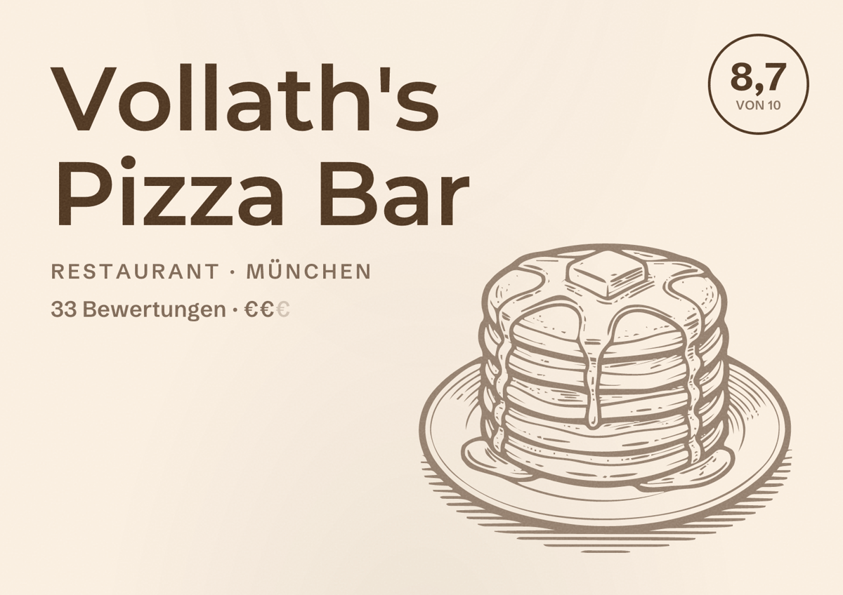 Illustriertes Poster von Vollath's Pizza Bar, Restaurant in München: Bewertung 8,7 von 10 aus 33 Bewertungen, Preisniveau €€