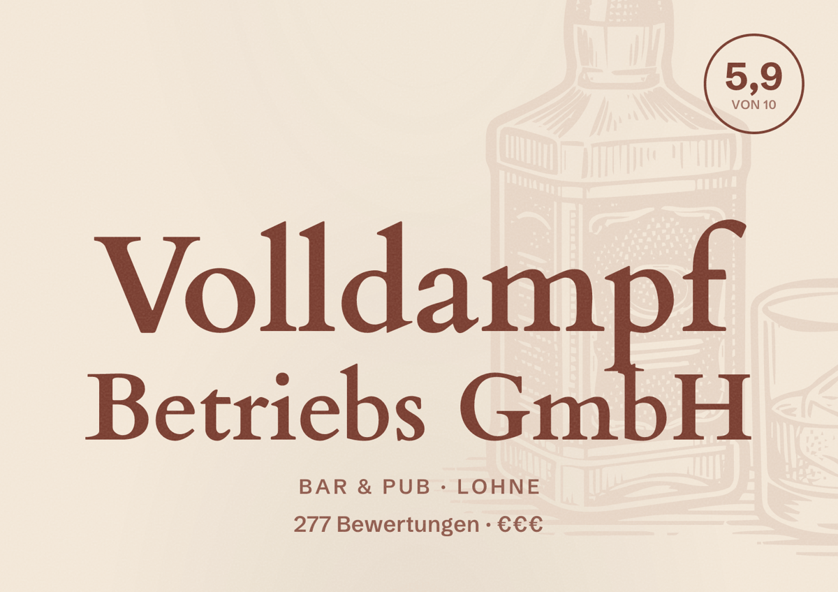 Illustriertes Poster von Volldampf Betriebs GmbH, Bar & Pub in Lohne: Bewertung 5,9 von 10 aus 277 Bewertungen, Preisniveau €€€