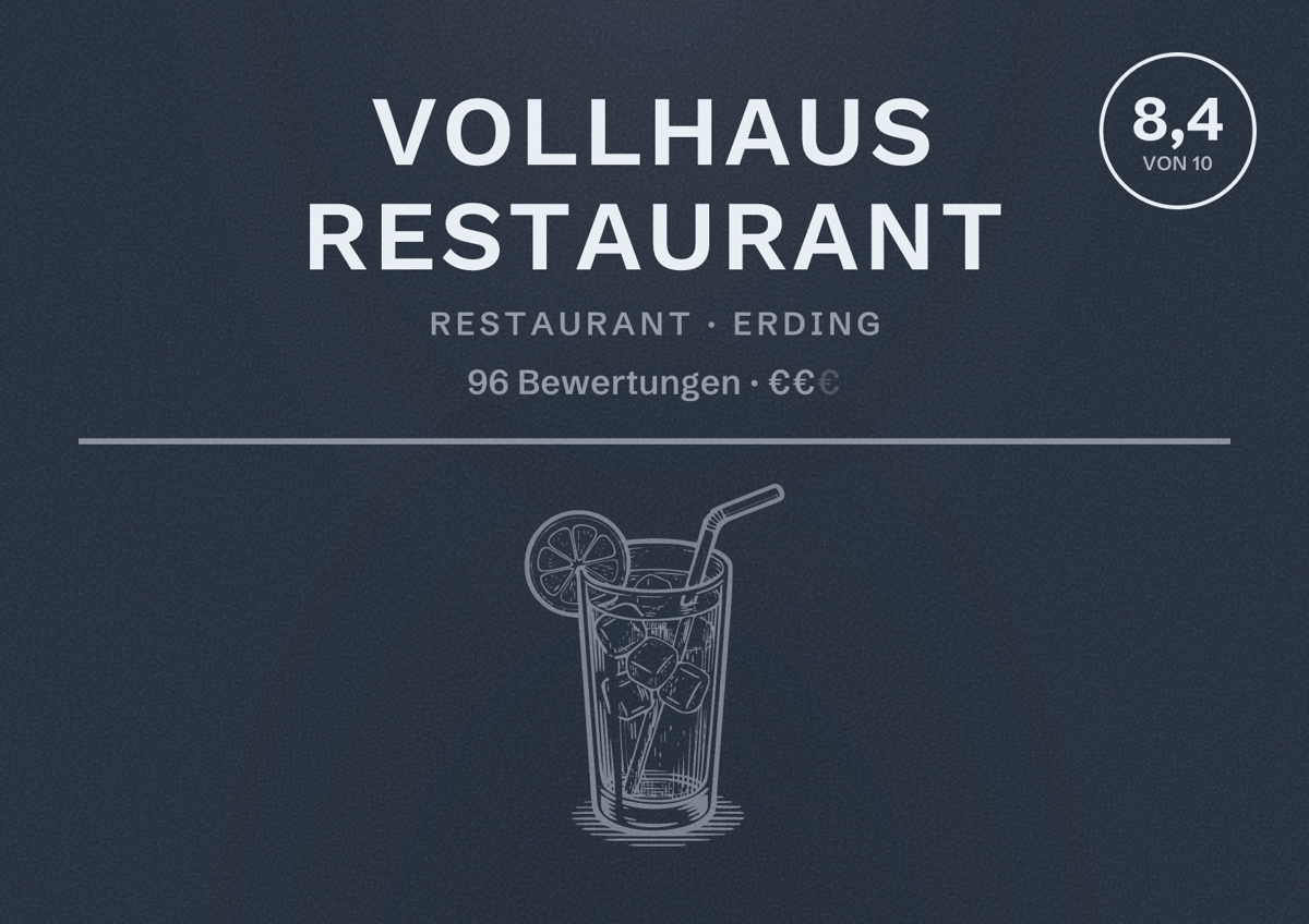 Illustriertes Poster von Vollhaus Restaurant, Restaurant in Erding: Bewertung 8,4 von 10 aus 96 Bewertungen, Preisniveau €€