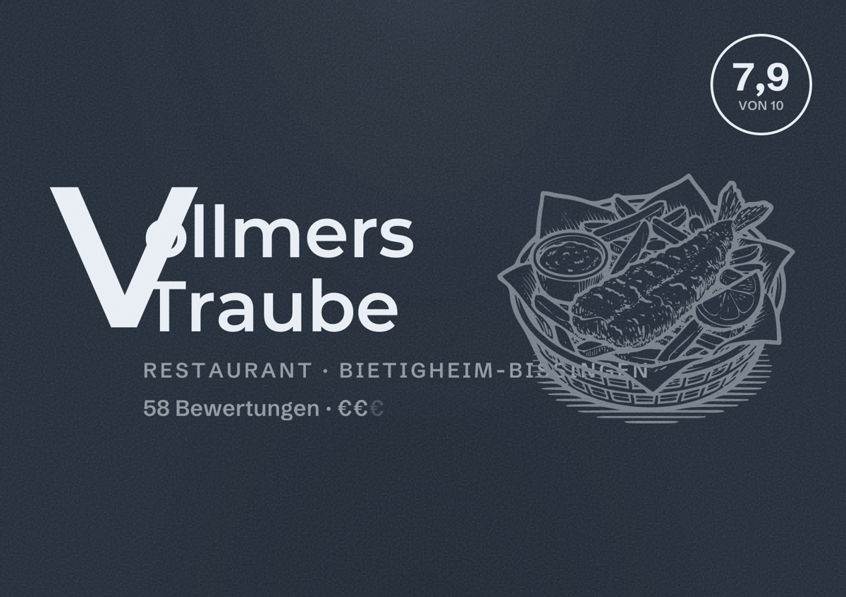 Illustriertes Poster von Vollmers Traube, Restaurant in Bietigheim-Bissingen: Bewertung 7,9 von 10 aus 58 Bewertungen, Preisniveau €€