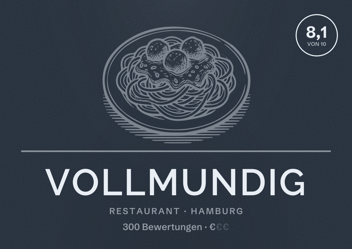 Illustriertes Poster von Vollmundig, Restaurant in Hamburg: Bewertung 8,1 von 10 aus 300 Bewertungen, Preisniveau €