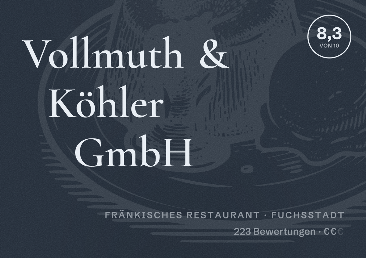 Illustriertes Poster von Vollmuth & Köhler GmbH, Fränkisches Restaurant in Fuchsstadt: Bewertung 8,3 von 10 aus 223 Bewertungen, Preisniveau €€