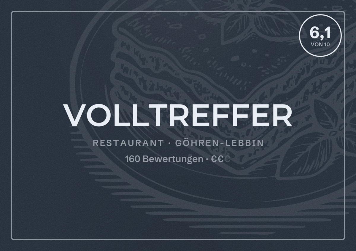 Illustriertes Poster von VOLLTREFFER, Restaurant in Göhren-Lebbin: Bewertung 6,1 von 10 aus 160 Bewertungen, Preisniveau €€