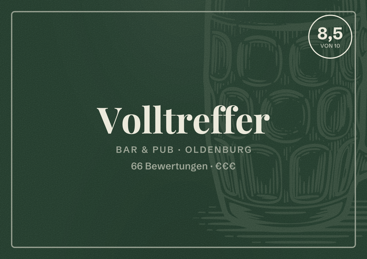 Illustriertes Poster von Volltreffer, Bar & Pub in Oldenburg: Bewertung 8,5 von 10 aus 66 Bewertungen, Preisniveau €€€