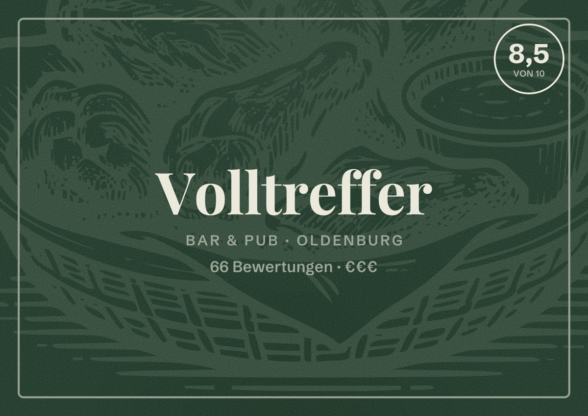 Illustriertes Poster von Volltreffer, Bar & Pub in Oldenburg: Bewertung 8,5 von 10 aus 66 Bewertungen, Preisniveau €€€