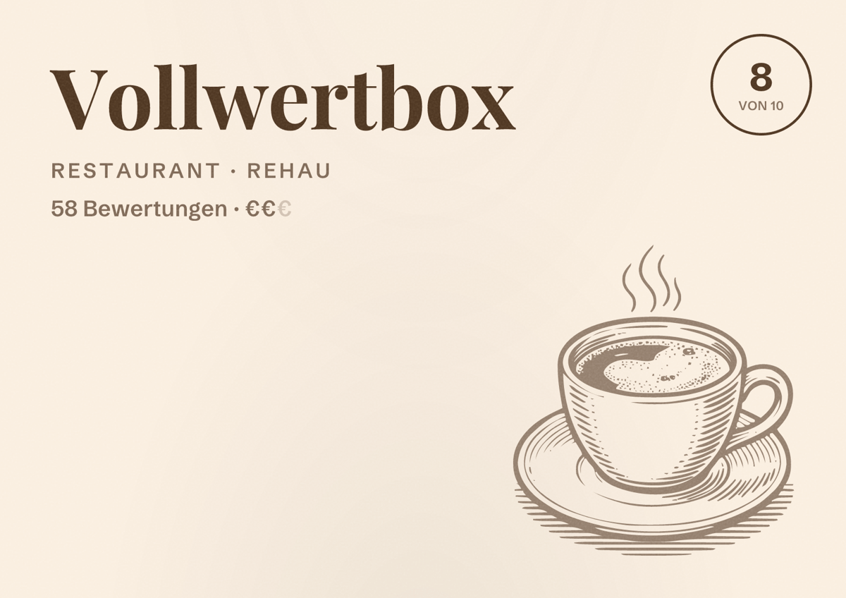 Illustriertes Poster von Vollwertbox, Restaurant in Rehau: Bewertung 8 von 10 aus 58 Bewertungen, Preisniveau €€