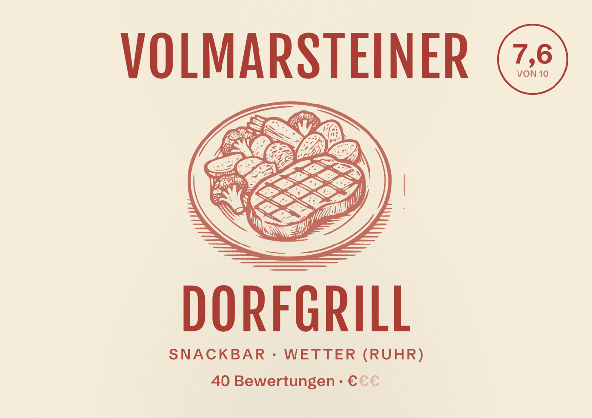 Illustriertes Poster von Volmarsteiner Dorfgrill, Snackbar in Wetter (Ruhr): Bewertung 7,6 von 10 aus 40 Bewertungen, Preisniveau €