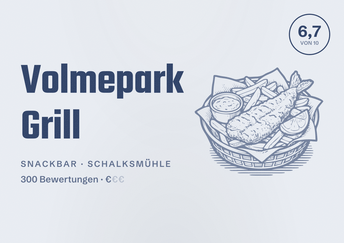 Illustriertes Poster von Volmepark Grill, Snackbar in Schalksmühle: Bewertung 6,7 von 10 aus 300 Bewertungen, Preisniveau €