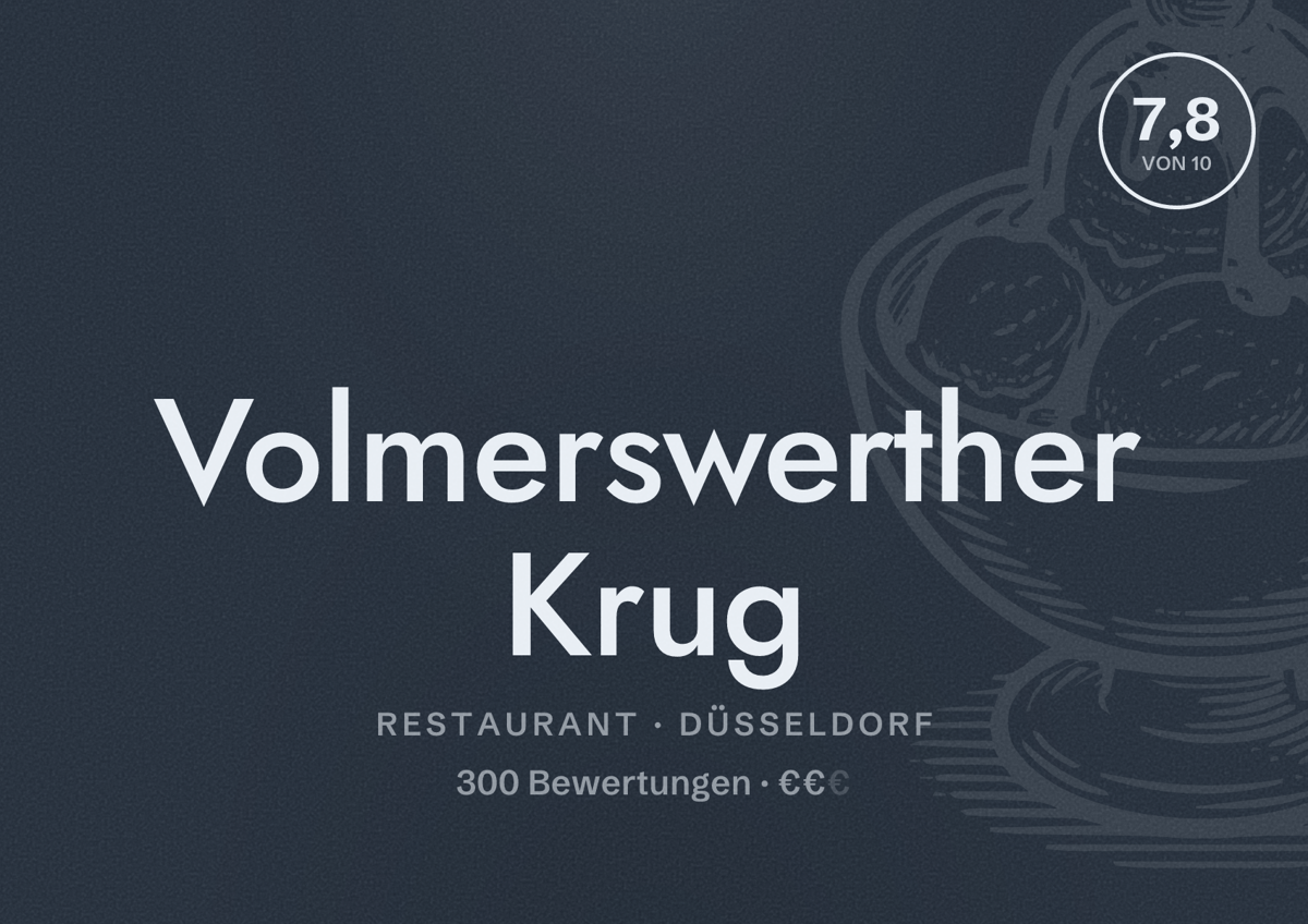 Illustriertes Poster von Volmerswerther Krug, Restaurant in Düsseldorf: Bewertung 7,8 von 10 aus 300 Bewertungen, Preisniveau €€
