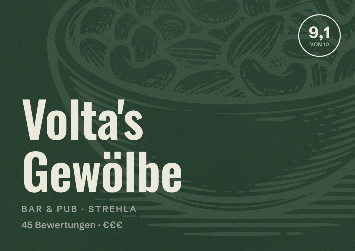 Illustriertes Poster von Volta's Gewölbe, Bar & Pub in Strehla: Bewertung 9,1 von 10 aus 45 Bewertungen, Preisniveau €€€