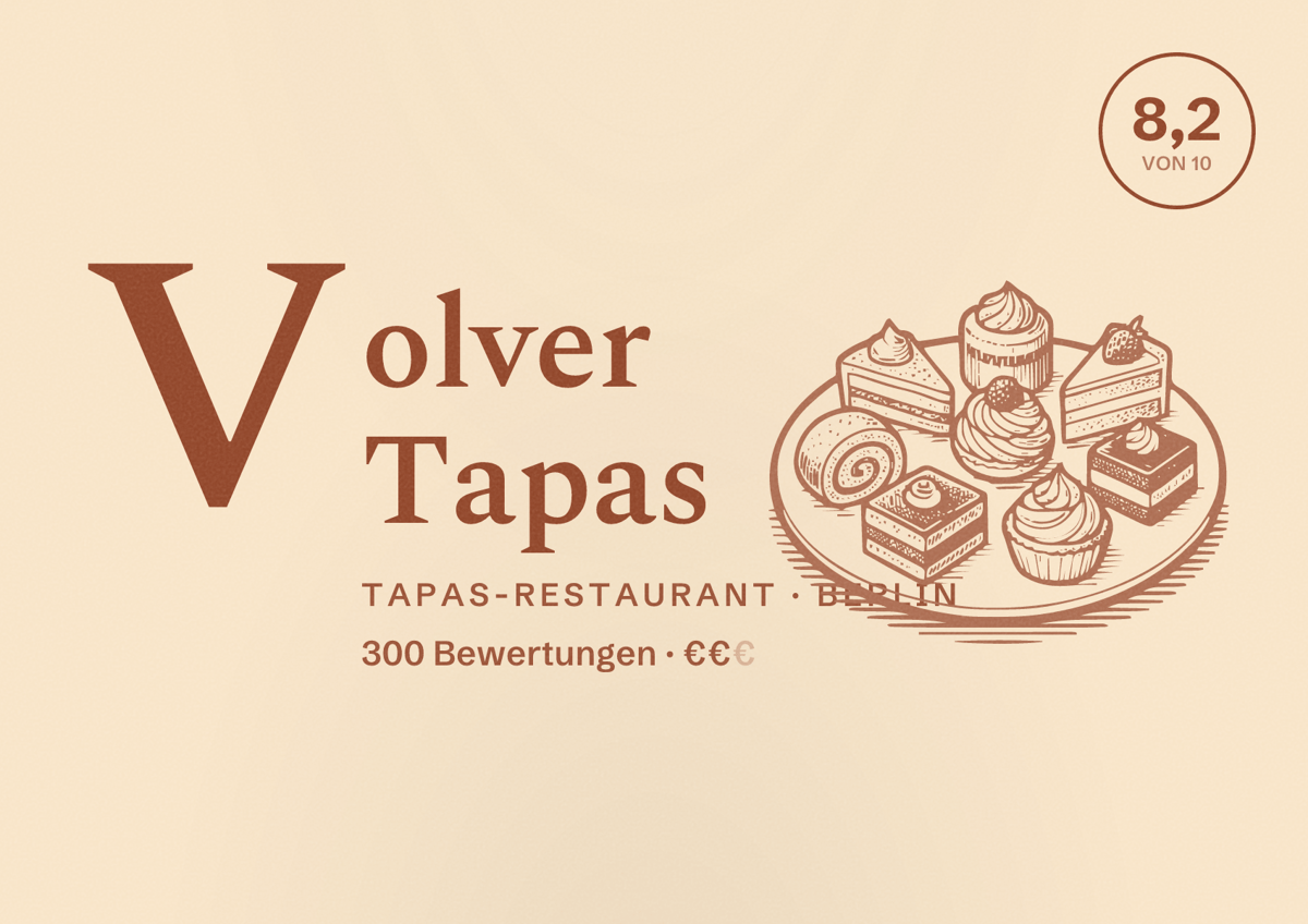 Illustriertes Poster von Volver Tapas, Tapas-Restaurant in Berlin: Bewertung 8,2 von 10 aus 300 Bewertungen, Preisniveau €€