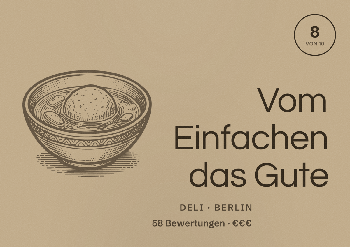 Illustriertes Poster von Vom Einfachen das Gute, Deli in Berlin: Bewertung 8,0 von 10 aus 58 Bewertungen, Preisniveau €€€