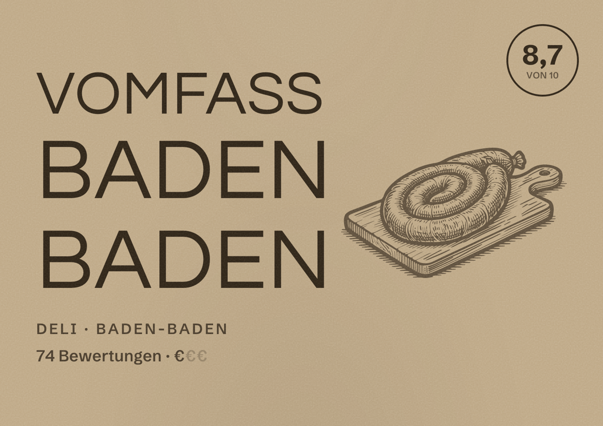 Illustriertes Poster von vomFASS Baden Baden, Deli in Baden-Baden: Bewertung 8,7 von 10 aus 74 Bewertungen, Preisniveau €