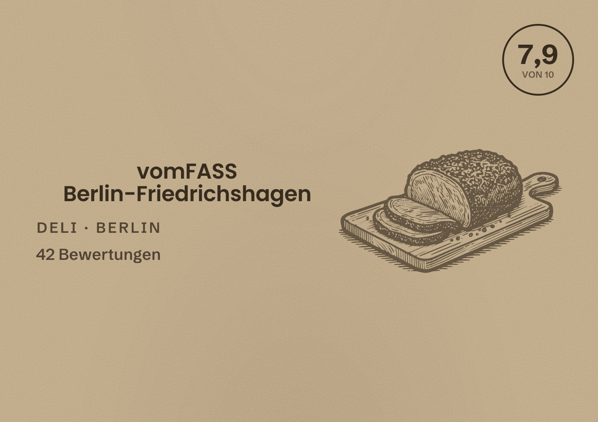Illustriertes Poster von vomFASS Berlin-Friedrichshagen, Deli in Berlin: Bewertung 7,9 von 10 aus 42 Bewertungen