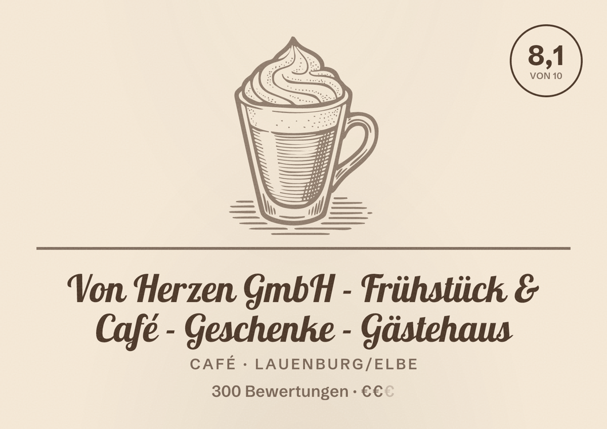 Illustriertes Poster von Von Herzen GmbH - Frühstück & Café - Geschenke - Gästehaus, Café in Lauenburg/Elbe: Bewertung 8,1 von 10 aus 300 Bewertungen, Preisniveau €€
