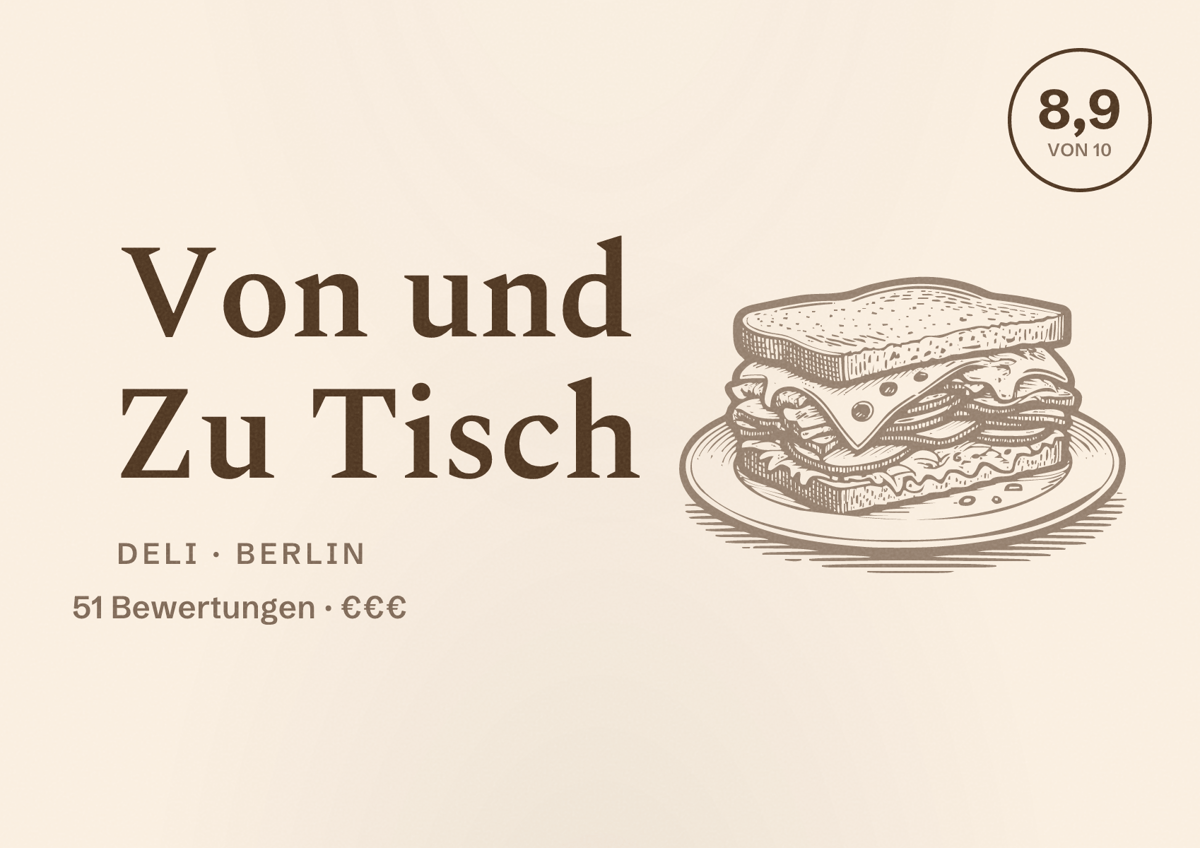 Illustriertes Poster von Von und Zu Tisch, Deli in Berlin: Bewertung 8,9 von 10 aus 51 Bewertungen, Preisniveau €€€