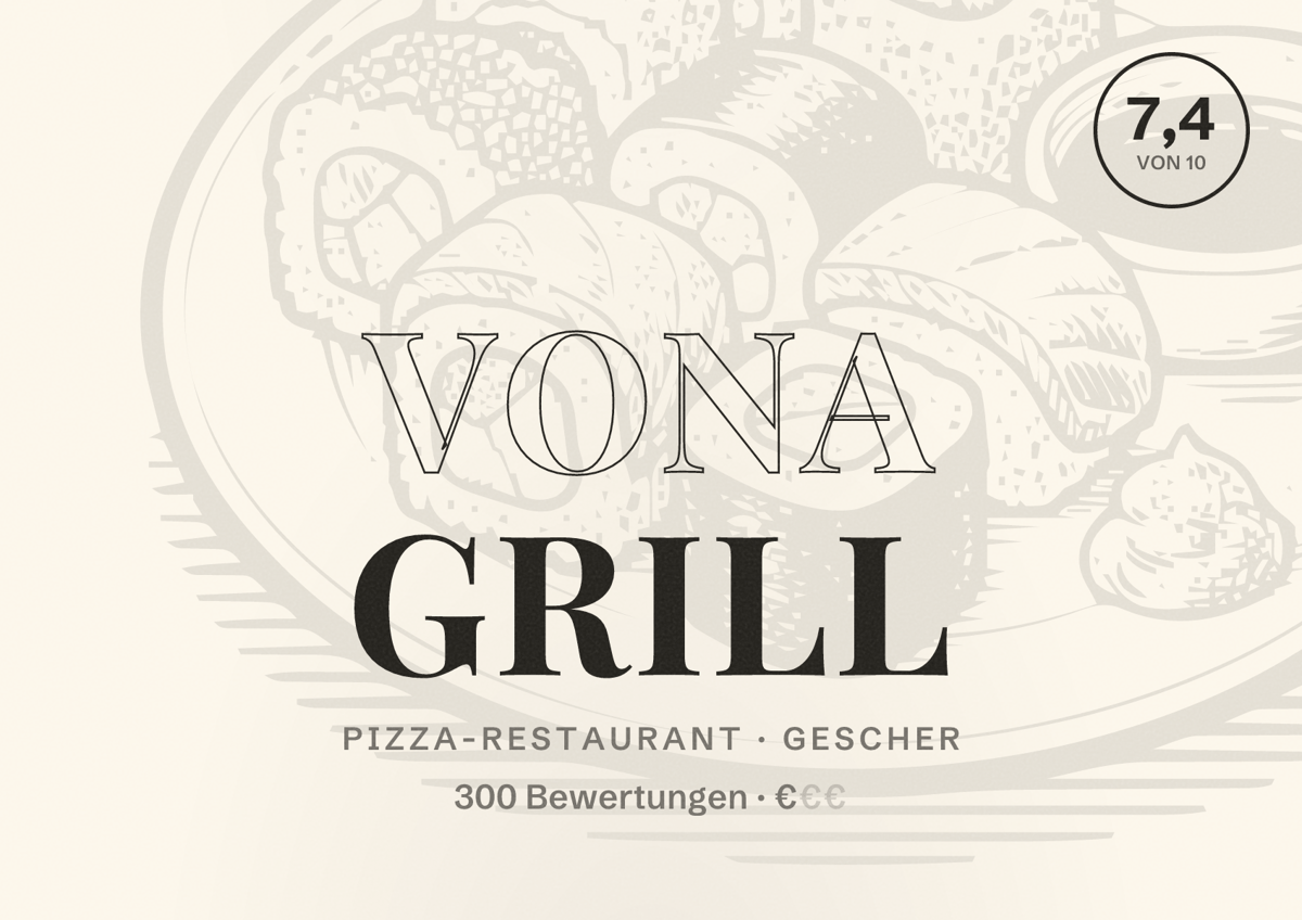 Illustriertes Poster von Vona Grill, Pizza-Restaurant in Gescher: Bewertung 7,4 von 10 aus 300 Bewertungen, Preisniveau €
