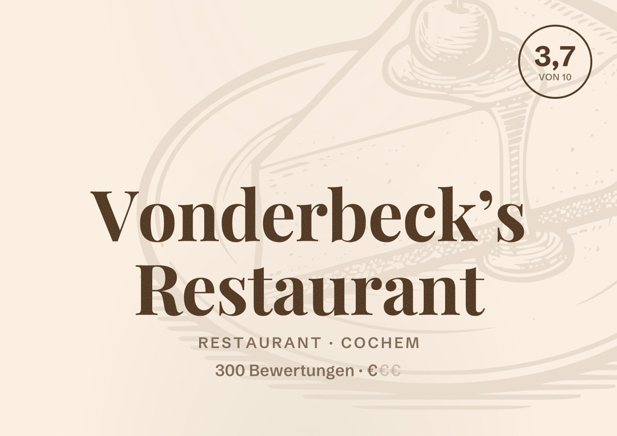 Illustriertes Poster von Vonderbeck’s Restaurant, Restaurant in Cochem: Bewertung 3,7 von 10 aus 300 Bewertungen, Preisniveau €
