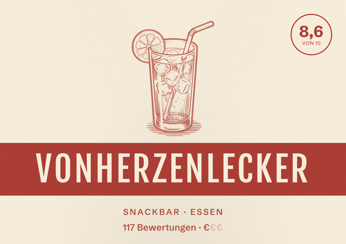 Illustriertes Poster von vonherzenlecker, Snackbar in Essen: Bewertung 8,6 von 10 aus 117 Bewertungen, Preisniveau €