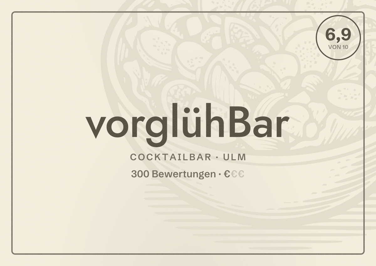 Illustriertes Poster von vorglühBar, Cocktailbar in Ulm: Bewertung 6,9 von 10 aus 300 Bewertungen, Preisniveau €