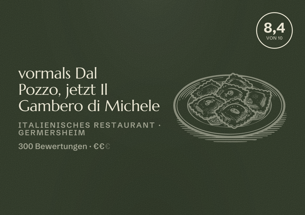 Illustriertes Poster von vormals Dal Pozzo, jetzt Il Gambero di Michele, Italienisches Restaurant in Germersheim: Bewertung 8,4 von 10 aus 300 Bewertungen, Preisniveau €€