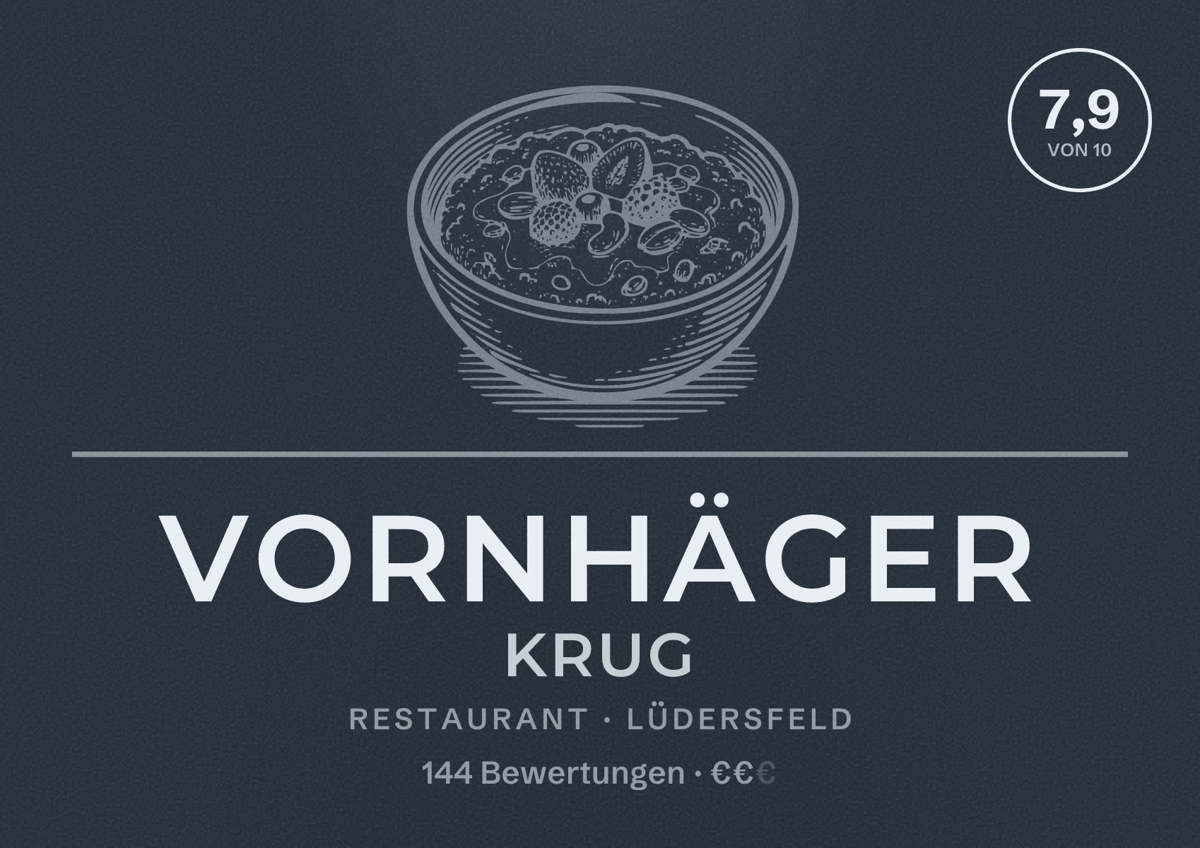 Illustriertes Poster von Vornhäger Krug, Restaurant in Lüdersfeld: Bewertung 7,9 von 10 aus 144 Bewertungen, Preisniveau €€