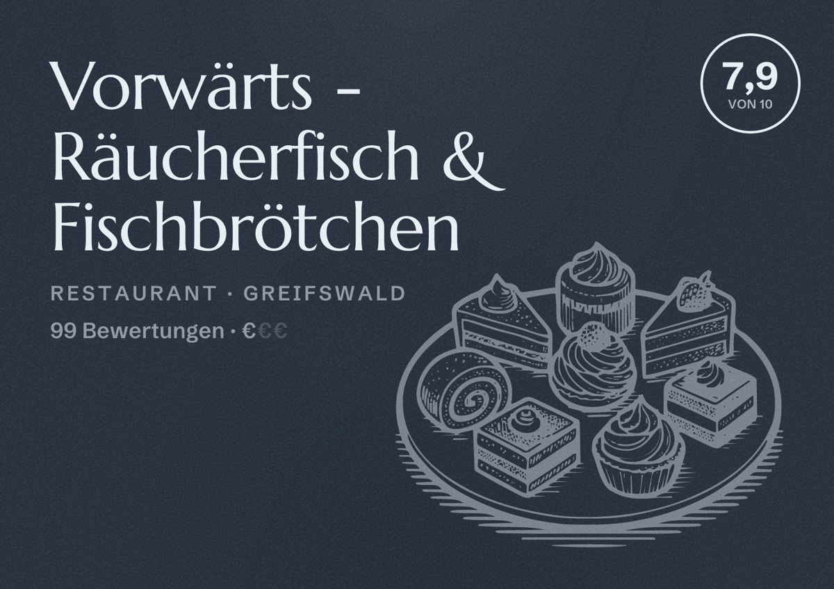 Illustriertes Poster von Vorwärts - Räucherfisch & Fischbrötchen, Restaurant in Greifswald: Bewertung 7,9 von 10 aus 99 Bewertungen, Preisniveau €