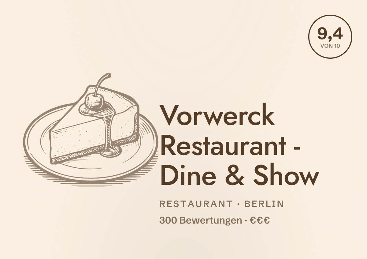Illustriertes Poster von Vorwerck Restaurant - Dine & Show, Restaurant in Berlin: Bewertung 9,4 von 10 aus 300 Bewertungen, Preisniveau €€€