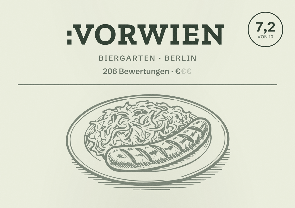 Illustriertes Poster von :vorWien, Biergarten in Berlin: Bewertung 7,2 von 10 aus 206 Bewertungen, Preisniveau €