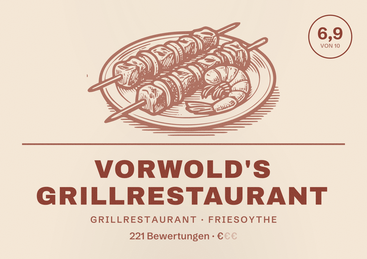 Illustriertes Poster von Vorwold's Grillrestaurant, Grillrestaurant in Friesoythe: Bewertung 6,9 von 10 aus 221 Bewertungen, Preisniveau €