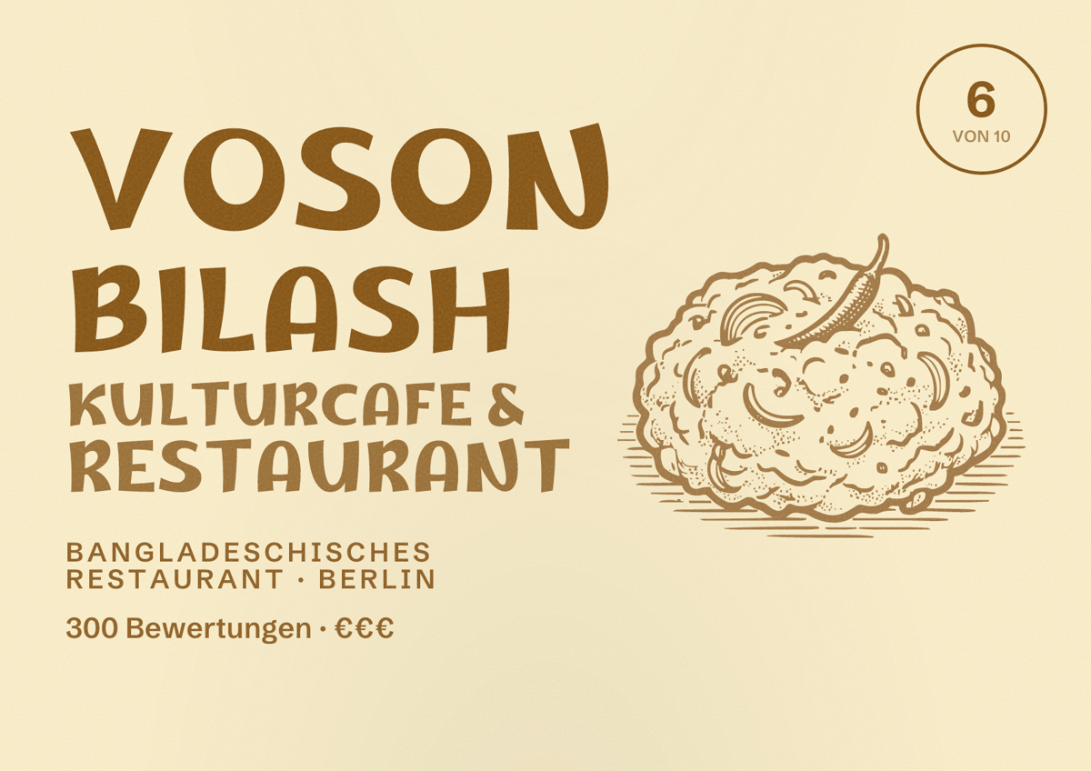 Illustriertes Poster von Voson Bilash Kulturcafe & Restaurant, Bangladeschisches Restaurant in Berlin: Bewertung 6,0 von 10 aus 300 Bewertungen, Preisniveau €€€