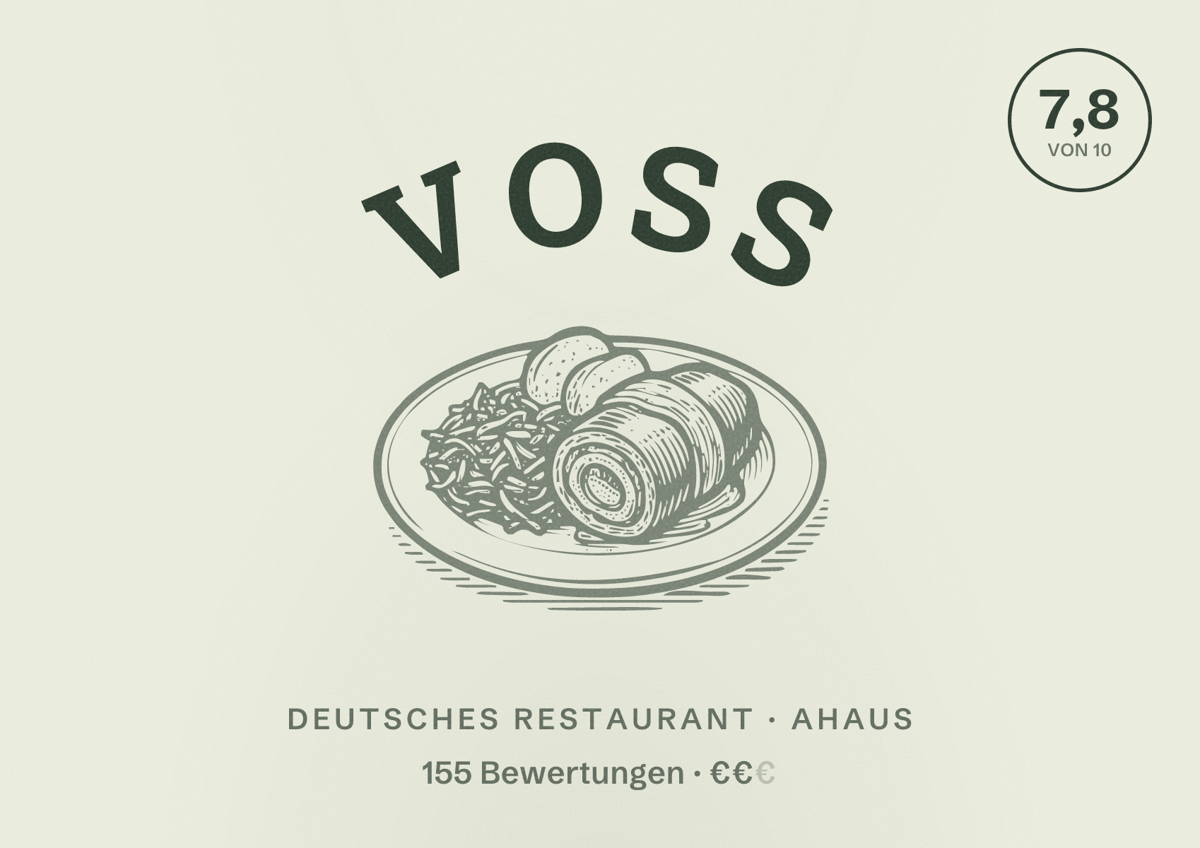 Illustriertes Poster von Voss, Deutsches Restaurant in Ahaus: Bewertung 7,8 von 10 aus 155 Bewertungen, Preisniveau €€