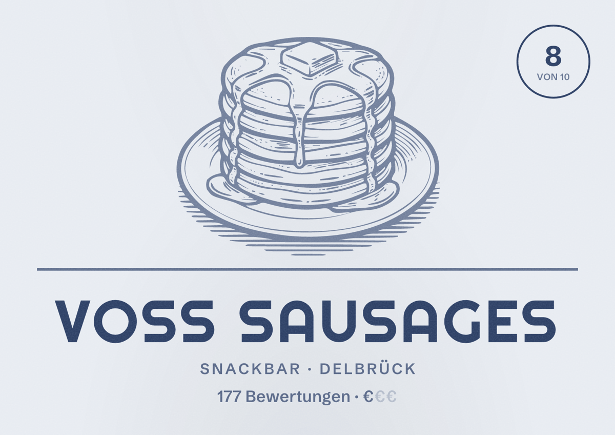 Illustriertes Poster von Voss Sausages, Snackbar in Delbrück: Bewertung 8 von 10 aus 177 Bewertungen, Preisniveau €