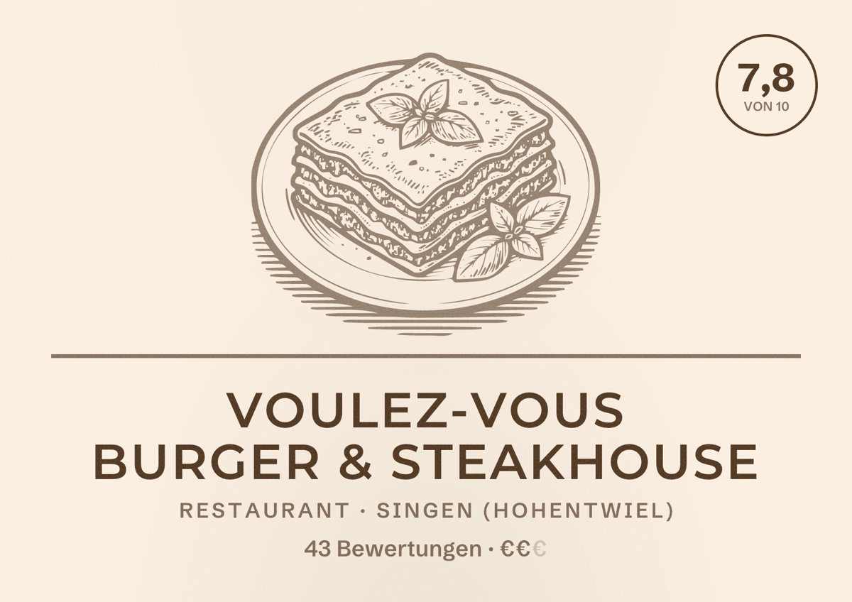 Illustriertes Poster von Voulez-Vous Burger & Steakhouse, Restaurant in Singen (Hohentwiel): Bewertung 7,8 von 10 aus 43 Bewertungen, Preisniveau €€