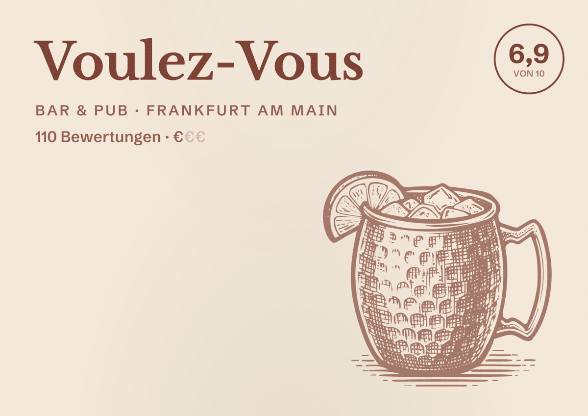 Illustriertes Poster von Voulez-Vous, Bar & Pub in Frankfurt am Main: Bewertung 6,9 von 10 aus 110 Bewertungen, Preisniveau €