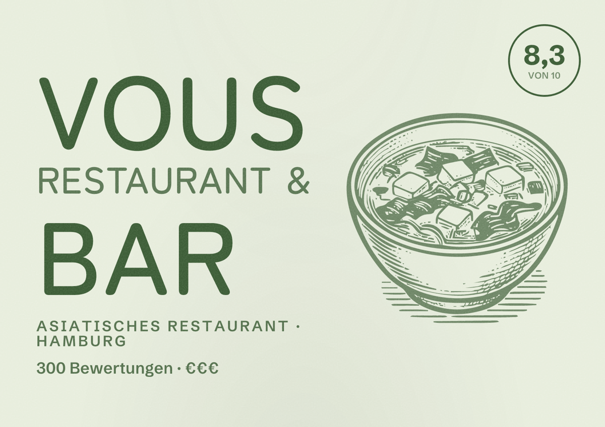 Illustriertes Poster von Vous Restaurant & Bar, Asiatisches Restaurant in Hamburg: Bewertung 8,3 von 10 aus 300 Bewertungen, Preisniveau €€€