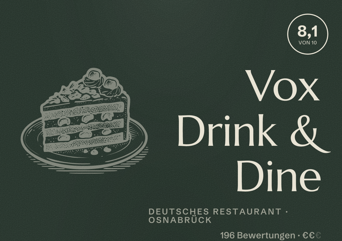 Illustriertes Poster von Vox Drink & Dine, Deutsches Restaurant in Osnabrück: Bewertung 8,1 von 10 aus 196 Bewertungen, Preisniveau €€