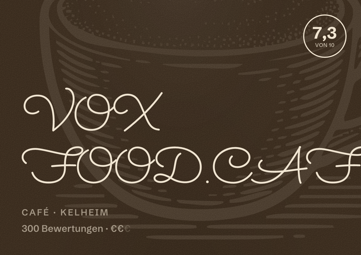 Illustriertes Poster von VOX FOOD.CAFÈ.BAR, Café in Kelheim: Bewertung 7,3 von 10 aus 300 Bewertungen, Preisniveau €€