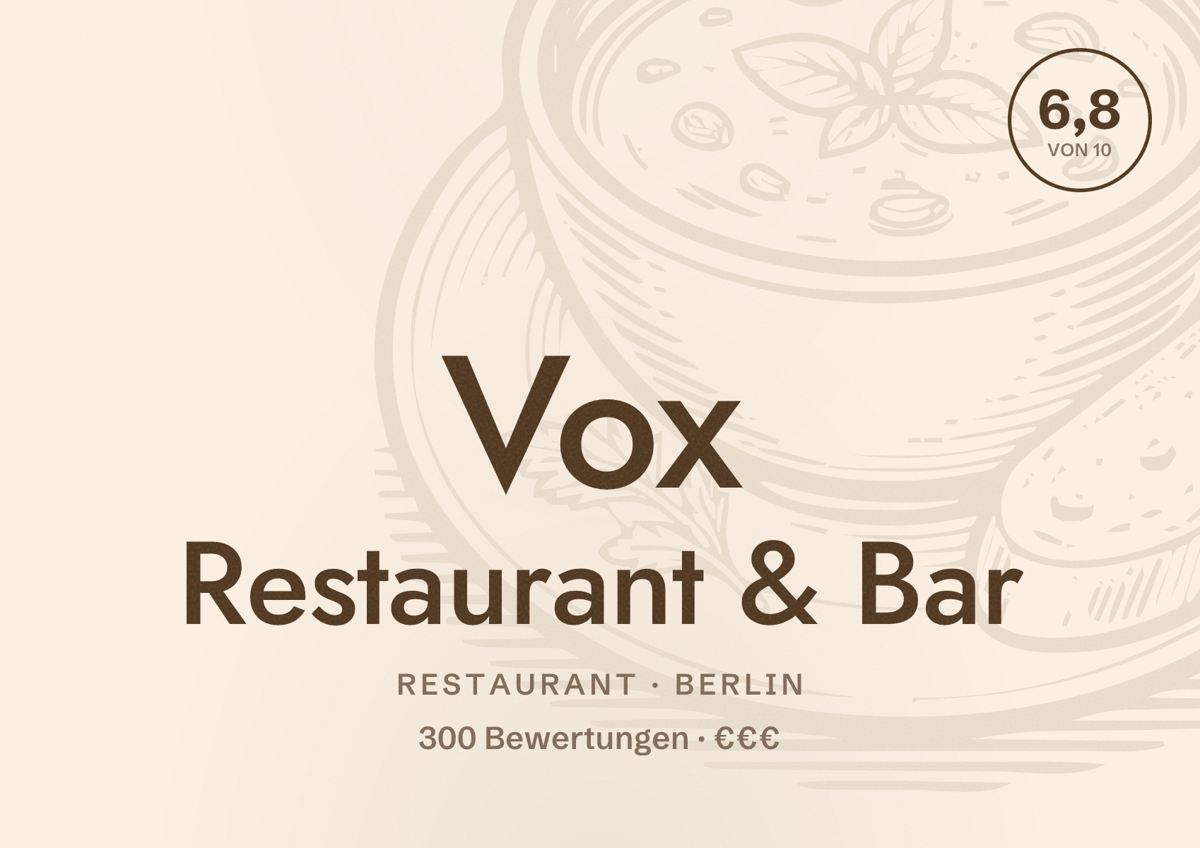 Illustriertes Poster von Vox Restaurant & Bar, Restaurant in Berlin: Bewertung 6,8 von 10 aus 300 Bewertungen, Preisniveau €€€