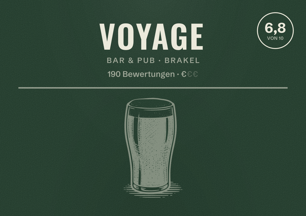 Illustriertes Poster von Voyage, Bar & Pub in Brakel: Bewertung 6,8 von 10 aus 190 Bewertungen, Preisniveau €