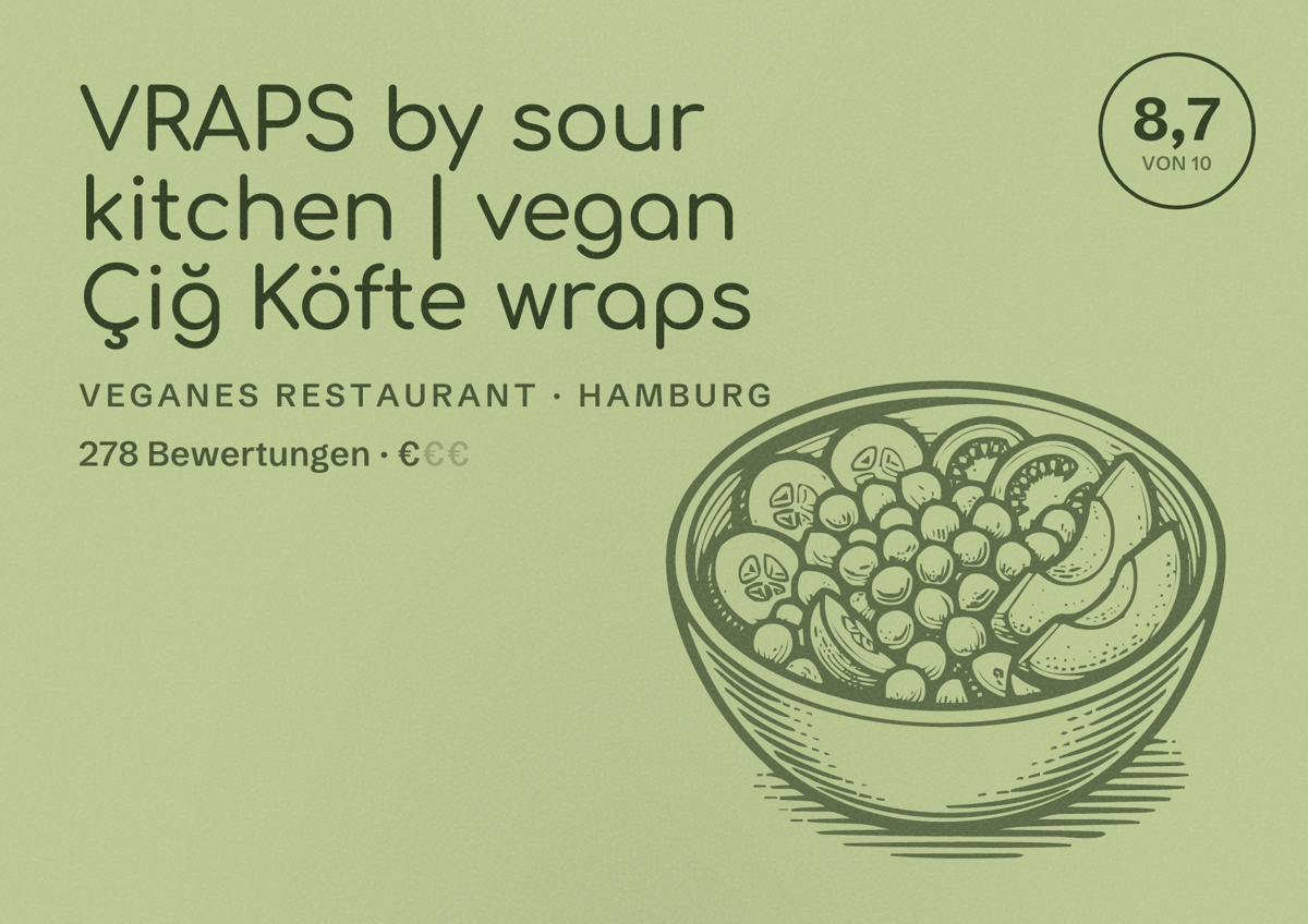 Illustriertes Poster von VRAPS by sour kitchen | vegan Çiğ Köfte wraps, Veganes Restaurant in Hamburg: Bewertung 8,7 von 10 aus 278 Bewertungen, Preisniveau €