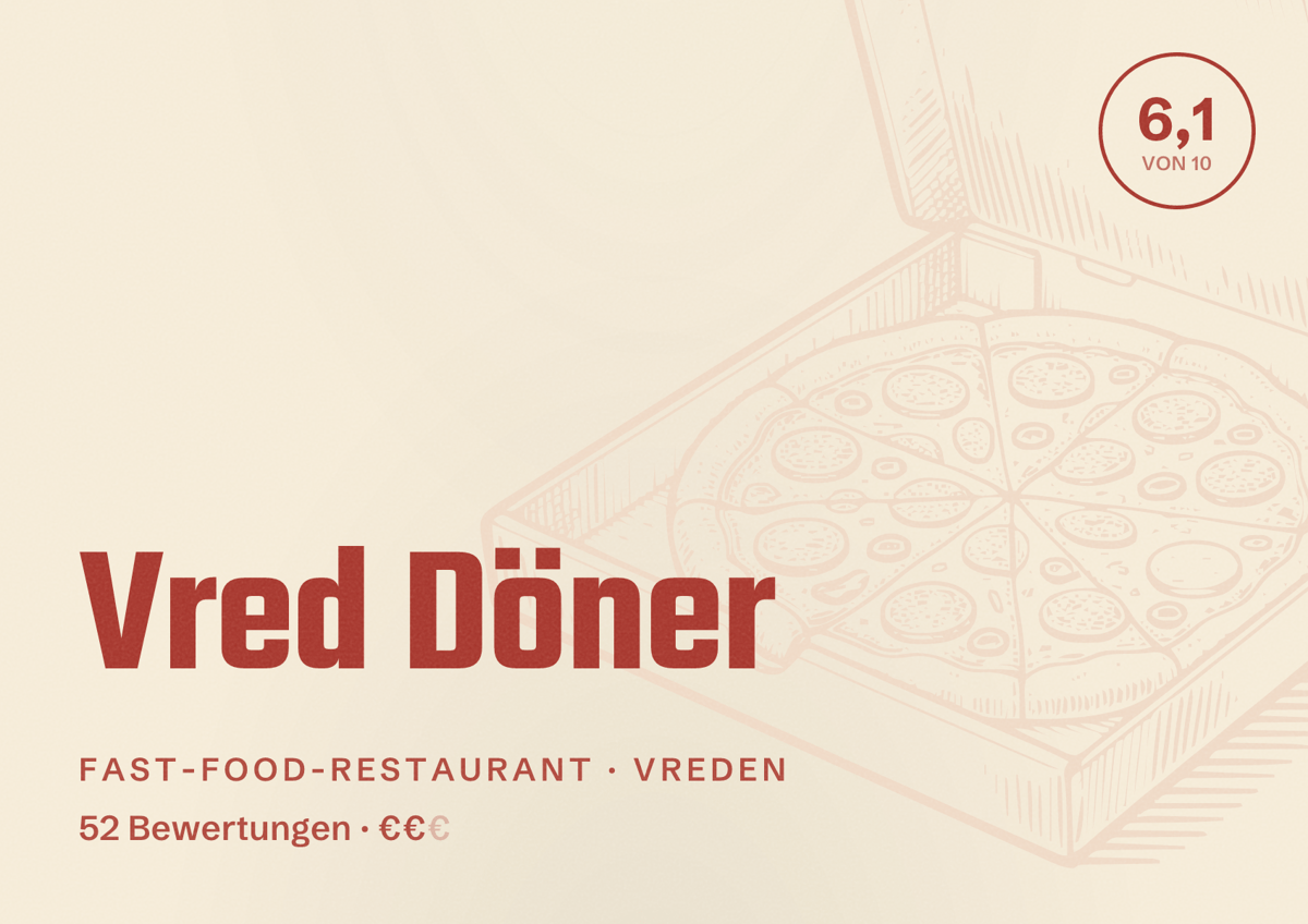 Illustriertes Poster von Vred Döner, Fast-Food-Restaurant in Vreden: Bewertung 6,1 von 10 aus 52 Bewertungen, Preisniveau €€