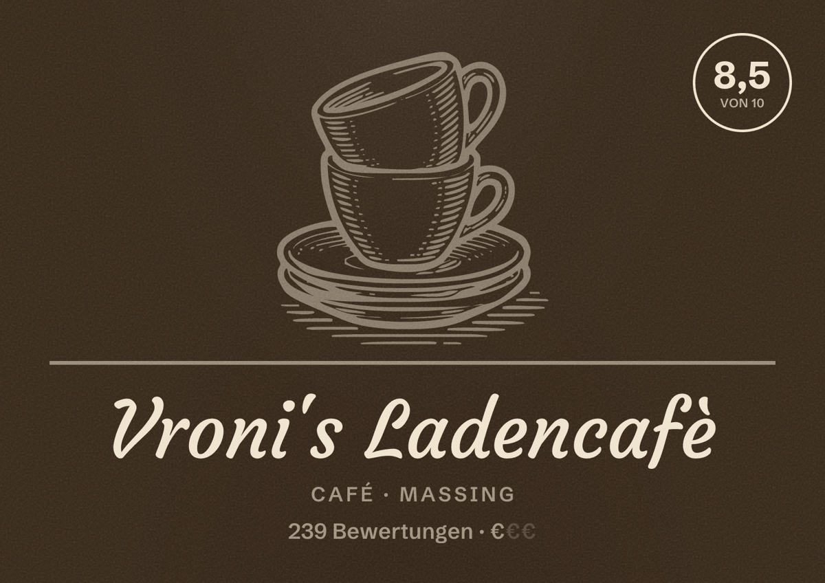 Illustriertes Poster von Vroni's Ladencafè, Café in Massing: Bewertung 8,5 von 10 aus 239 Bewertungen, Preisniveau €