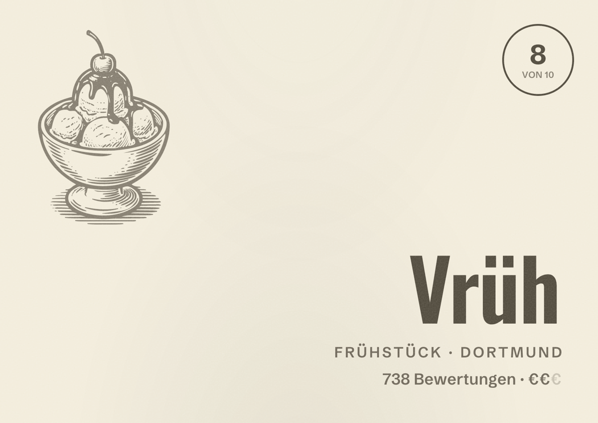 Illustriertes Poster von Vrüh, Frühstück in Dortmund: Bewertung 8 von 10 aus 738 Bewertungen, Preisniveau €€