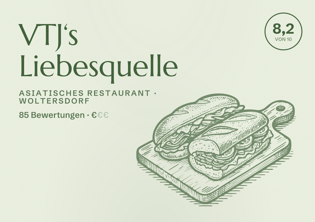 Illustriertes Poster von VTJ‘s Liebesquelle, Asiatisches Restaurant in Woltersdorf: Bewertung 8,2 von 10 aus 85 Bewertungen, Preisniveau €