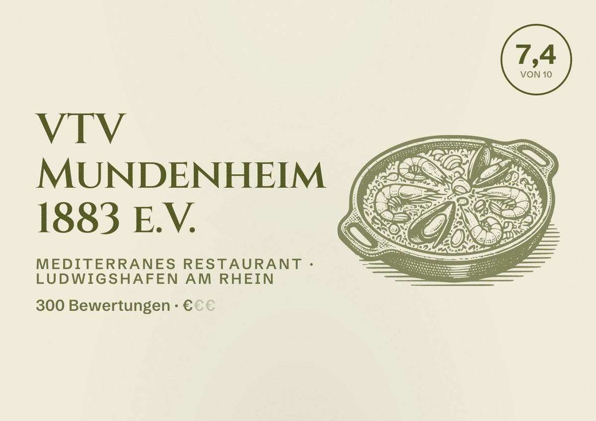 Illustriertes Poster von VTV Mundenheim 1883 e.V., Mediterranes Restaurant in Ludwigshafen am Rhein: Bewertung 7,4 von 10 aus 300 Bewertungen, Preisniveau €