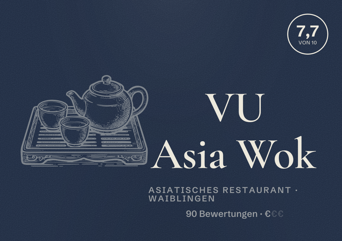 Illustriertes Poster von VU Asia Wok, Asiatisches Restaurant in Waiblingen: Bewertung 7,7 von 10 aus 90 Bewertungen, Preisniveau €