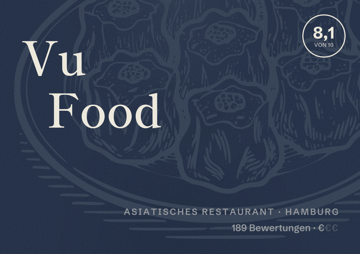 Illustriertes Poster von Vu Food, Asiatisches Restaurant in Hamburg: Bewertung 8,1 von 10 aus 189 Bewertungen, Preisniveau €