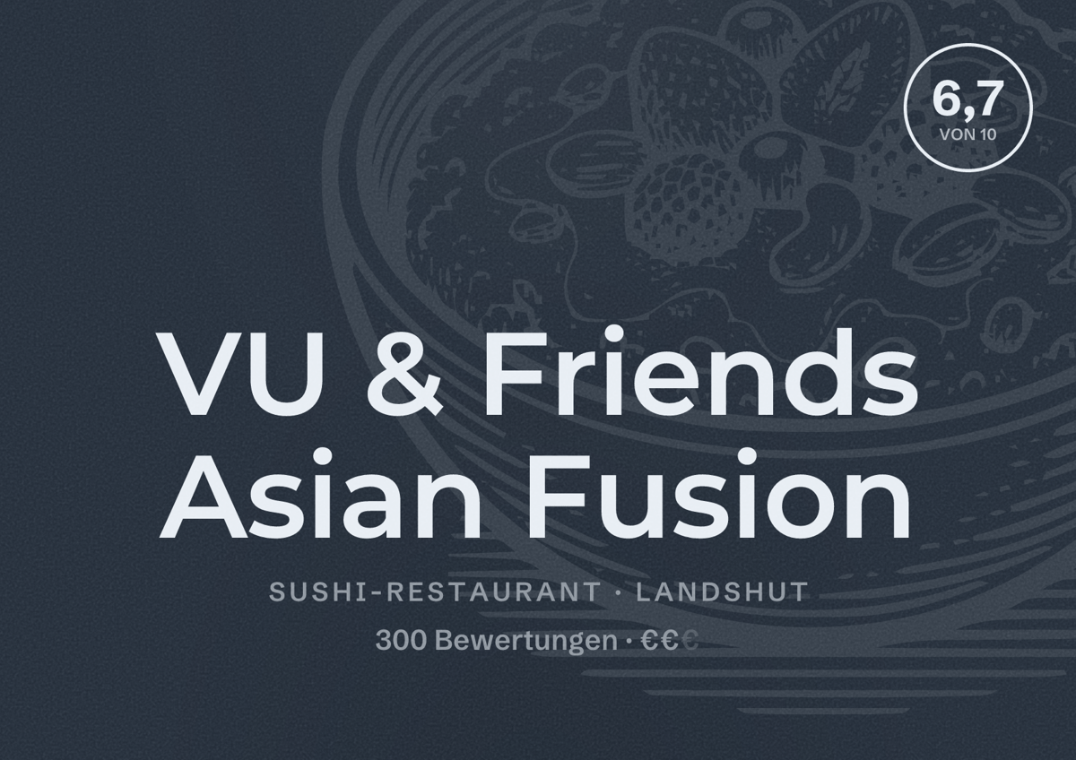Illustriertes Poster von VU & Friends Asian Fusion, Sushi-Restaurant in Landshut: Bewertung 6,7 von 10 aus 300 Bewertungen, Preisniveau €€